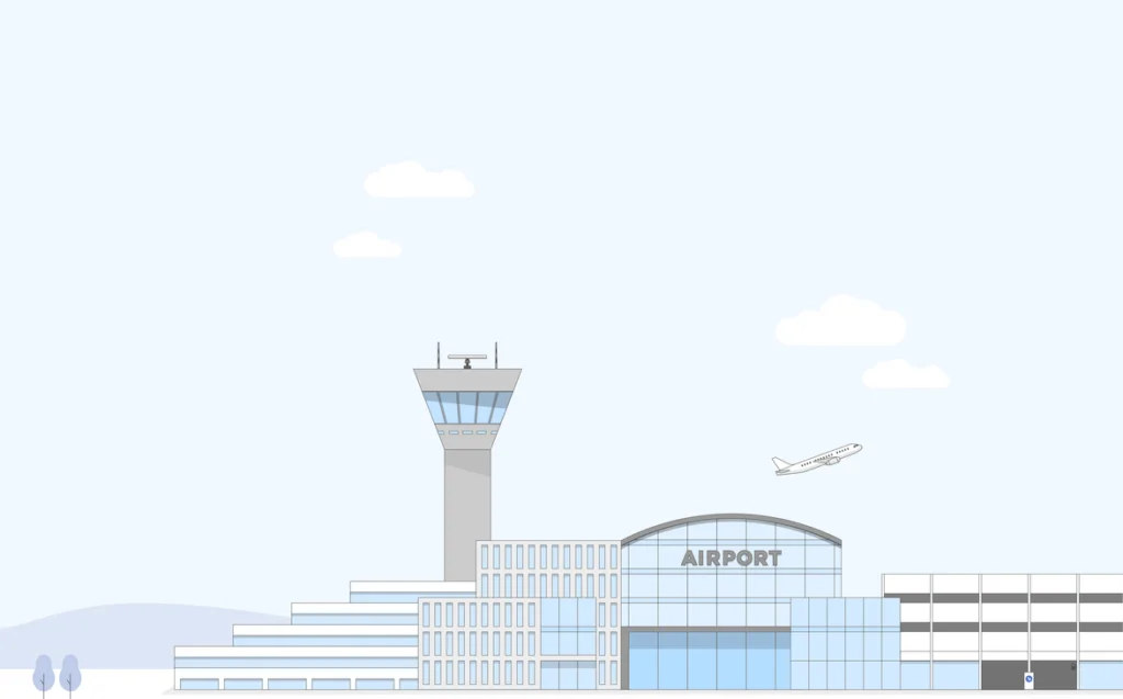 Illustration eines Flughafengebäudes mit Tower und Terminal